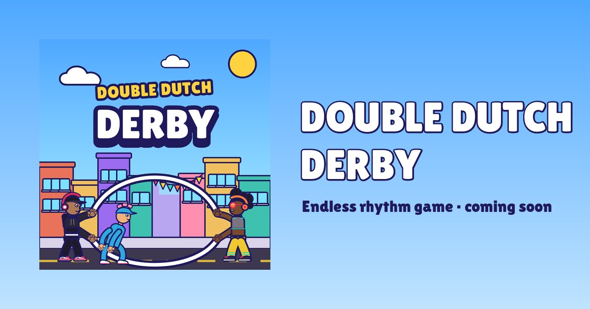 Double Dutch Derby artwork: three cartoon kids jumping rope on a colorful city street.